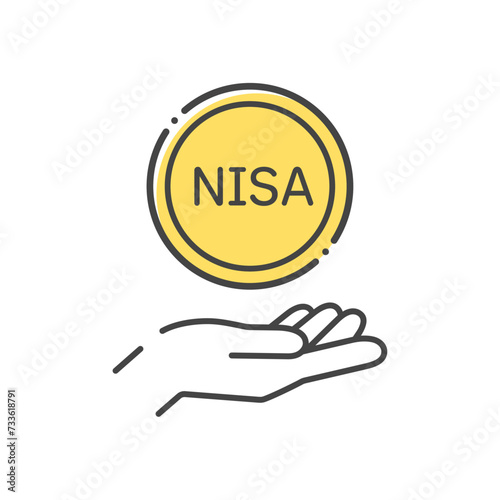 NISAの文字とコインを持っている人の手のアイコン - シンプルな投資･利益や配当金のイメージ素材
