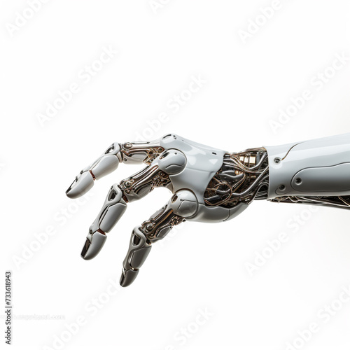 Cyborg hand finger pointing, technology of artificial intelligence. Steel futuristic arm, type of bionic arm with similar functions to a human arm isolated on white. 