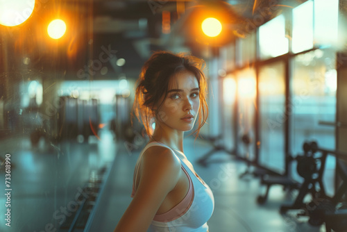 Cheerful girl in gym doing exercise.,Woman exercising in a gym with a clean, bright and cozy background, warm tones.