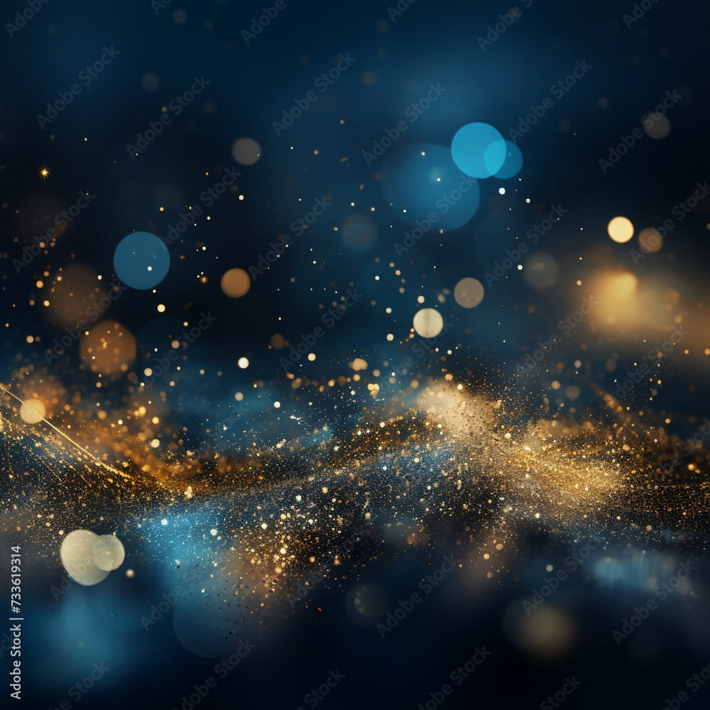 Abstract background with Dark blue and gold particle. Christmas Golden light shine particles bokeh on navy blue background.