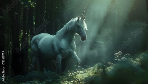 A unicorn horse rears up in a surreal deep dark forest. The mystical animal beast is wildlife in nature