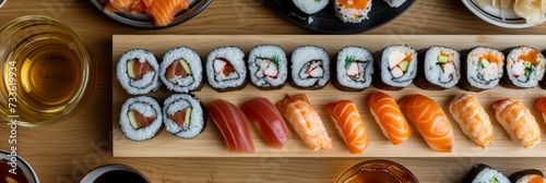 A top-down view of a sushi dining experience with an array of sushi rolls, sashimi, and sake, presented on a minimalist, wooden table setting