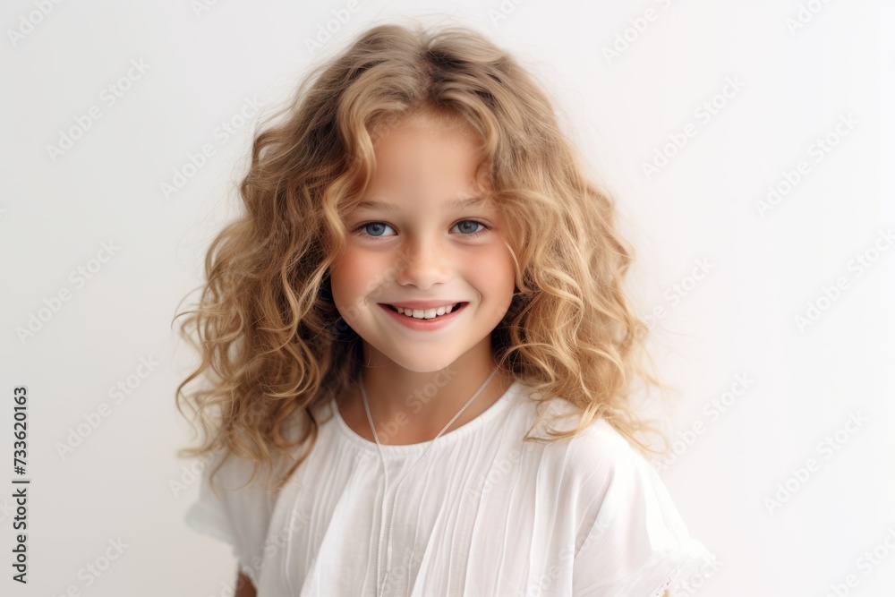 Portrait of a beautiful little girl with blond curly hair on a white background Portrait of a beautiful little girl with blond curly hair on a white background