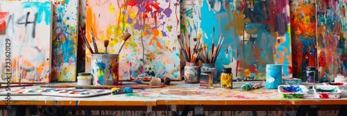 A vibrant art studio with canvases, paintbrushes, and a splash of various colors, showcasing creativity and artistic expression