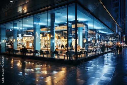 As dusk falls over the city, the inviting interior lights of a modern cafe contrast with the cool blue hues of the evening streetscape.
