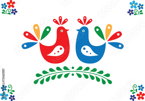 Colorful birds sitting on a branch. Inspired by Moravian folk ornaments. Vector image.