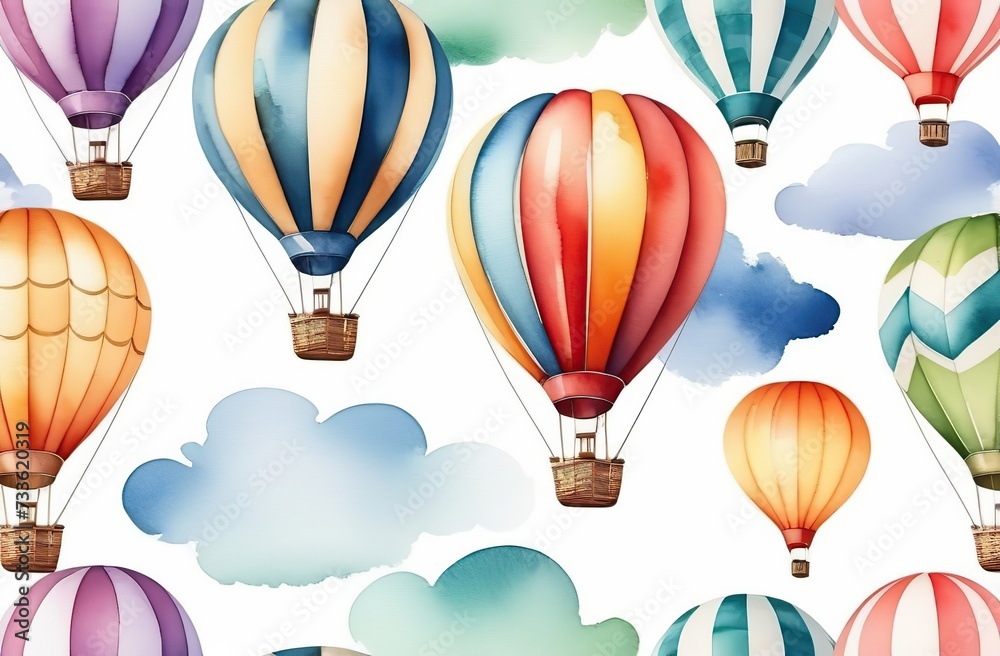 Cute Hot air balloon set. Watercolor retro childish illustrations isolated on white. 