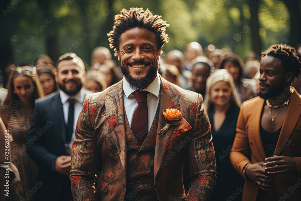 Poised and elegant man wearing a suit commands attention as he stands before a diverse group of individuals. Poised and elegant man wearing a suit commands attention as he stands before a diverse group of individuals.