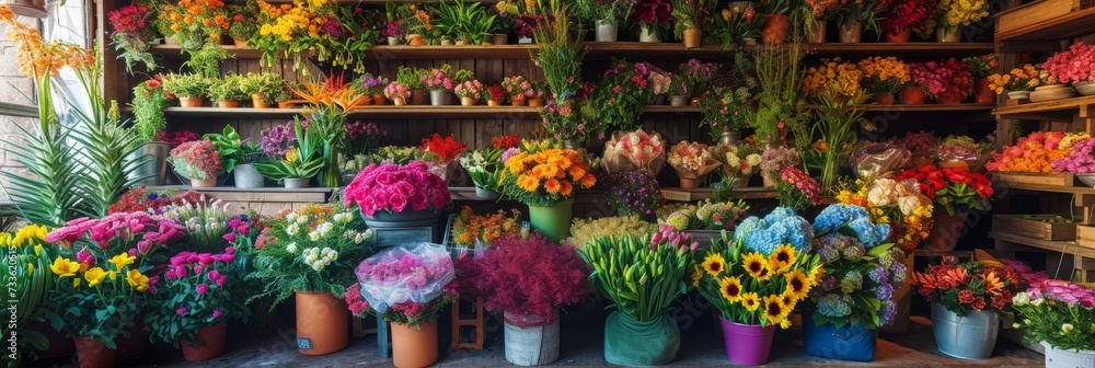 A vibrant flower shop overflowing with a variety of colorful blooms, floral arrangements, and green plants, set against a backdrop of rustic wooden shelves