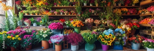 A vibrant flower shop overflowing with a variety of colorful blooms  floral arrangements  and green plants  set against a backdrop of rustic wooden shelves
