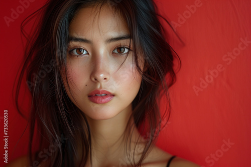 Close up studio shot of beautiful young woman,posing against light wall with positive face expression