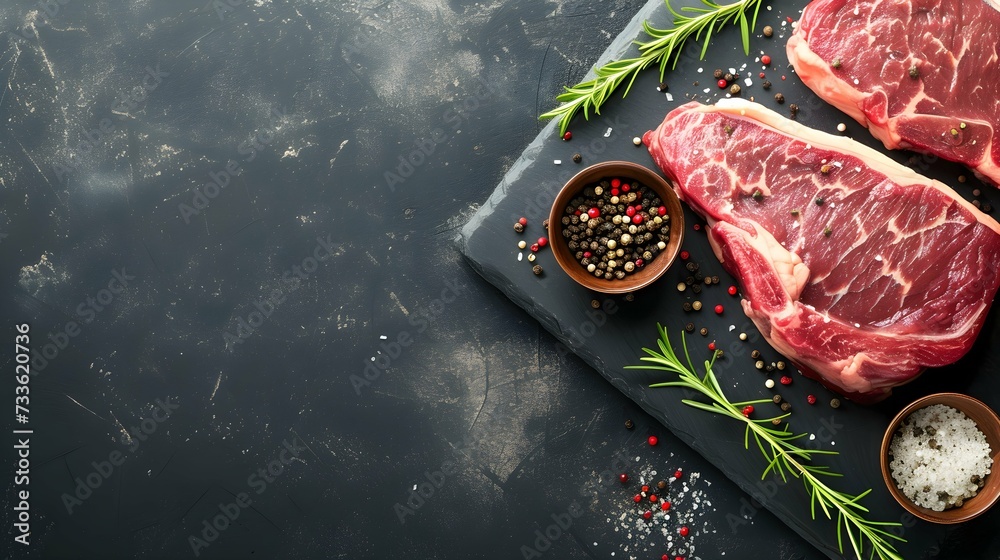 Ribeye fresh raw beef steak with spices on stone board Top view flat lay with copy space. Creative Banner. Copyspace.