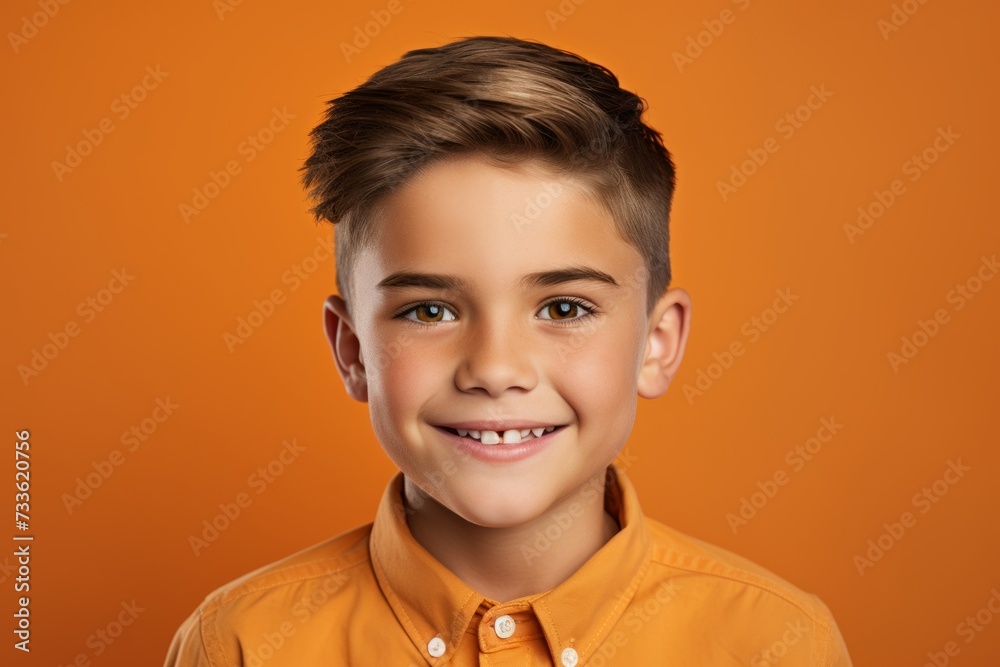 smiling little boy in orange shirt looking at camera over orange background smiling little boy in orange shirt looking at camera over orange background