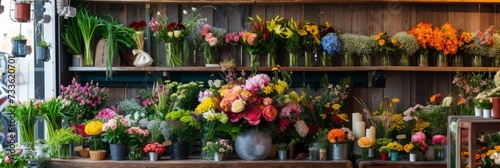A vibrant flower shop overflowing with a variety of colorful blooms, floral arrangements, and green plants, set against a backdrop of rustic wooden shelves