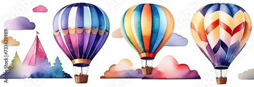 Cute Hot air balloon set. Watercolor retro childish illustrations isolated on white.  photo