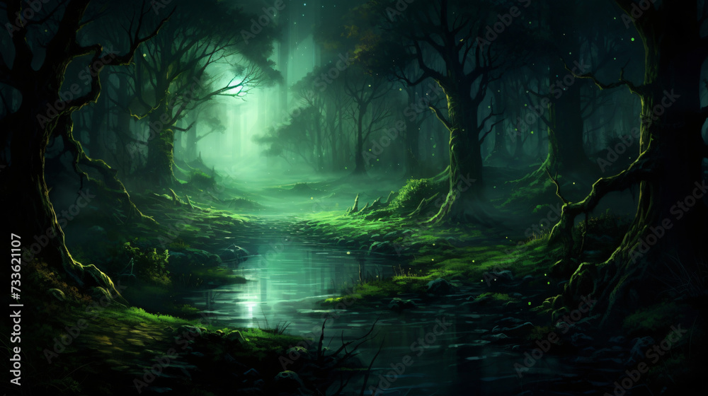 A night dream in a misty fabulous green forest