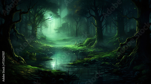 A night dream in a misty fabulous green forest