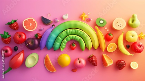 rainbow fruits set concept. Colorful fruits in rainbow color.