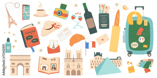 Paris travel set isolated on white background. France tourism trip for adventure and rest. Holiday weekend vacation collection. Attraction and souvenirs bundle. Vector flat illustration photo