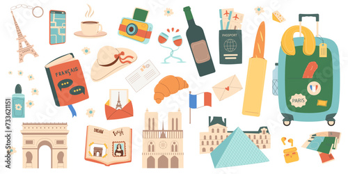 Paris travel set isolated on white background. France tourism trip for adventure and rest. Holiday weekend vacation collection. Attraction and souvenirs bundle. Vector flat illustration