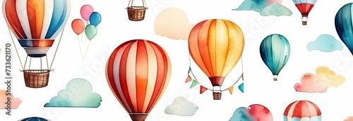 Cute Hot air balloon set. Watercolor retro childish illustrations isolated on white.  photo