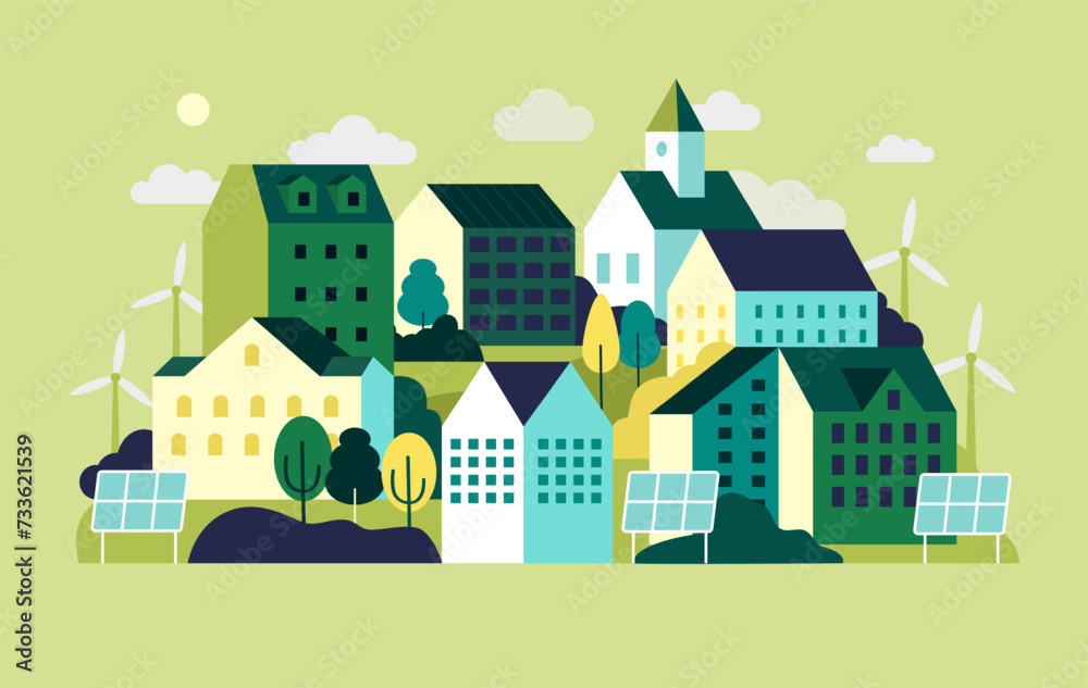 Green city. Eco energy home. Urban landscape with ecology solar buildings and windmills. Geometric town. Minimal scenery. Architecture panorama. Vector design cityscape illustration