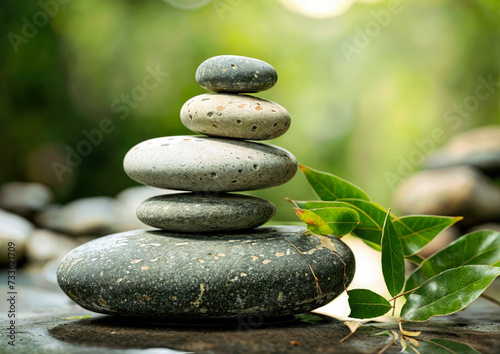 Stack of zen stones with green leaves on blurred nature background