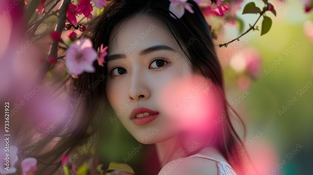 Portrait of beautiful asian woman with flowers in the garden