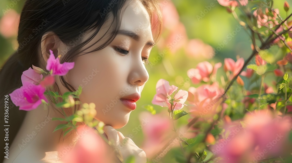Fototapeta premium Portrait of beautiful asian woman with flowers in the garden