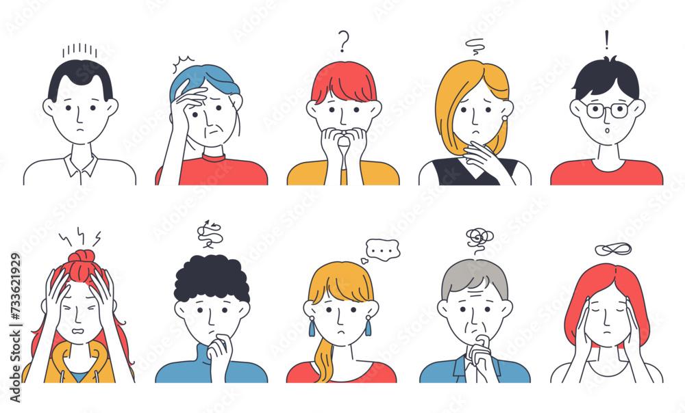 Worry persons. Anxiety men and women portraits. Stress of troubles. Unhappy emotion expressions. Think or explanation business questions. Tired employees. Vector simple illustrations set Worry persons. Anxiety men and women portraits. Stress of troubles. Unhappy emotion expressions. Think or explanation business questions. Tired employees. Vector simple illustrations set