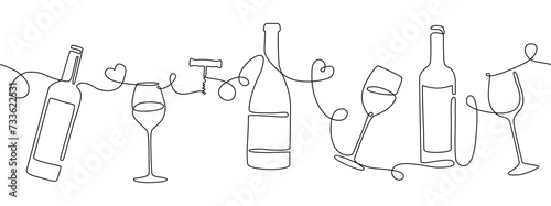Wine drink. Continuous line art sketch. Alcohol beverage. Love champagne. Bar party. Cocktail goblet. Glass bottle. Doodle corkscrew and wineglass. Vector outline pattern background