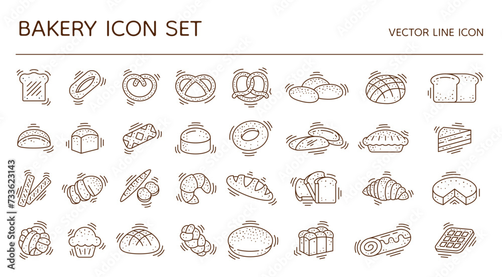 Bread icons. Bakery logo. Line pastry. Bun or loaf. Baking food. Croissant and roll. Sweet cake logotype. Wheat bagel or pretzel. Baguette for toast slices. Vector outline symbols set