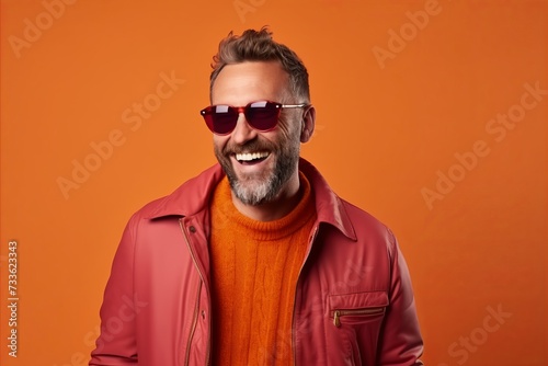 Stylish bearded man in red jacket and sunglasses posing on orange background © Iigo