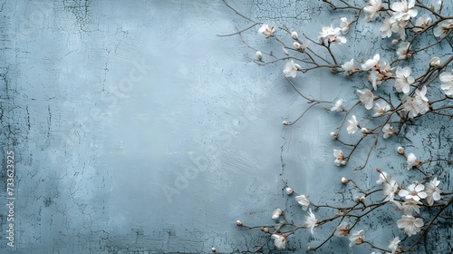photo wallpaper wallpaper mural card postcard design in the loft classic modern style flower branches on a blue concrete grunge wall © PSCL RDL