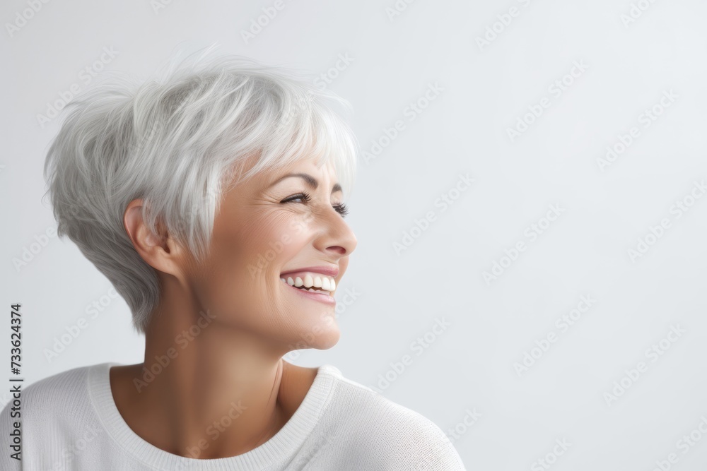 Portrait of happy smiling senior woman over grey background. Copy space.