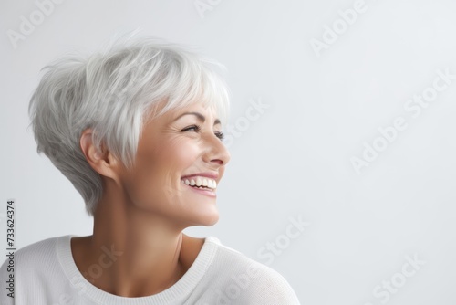 Portrait of happy smiling senior woman over grey background. Copy space.