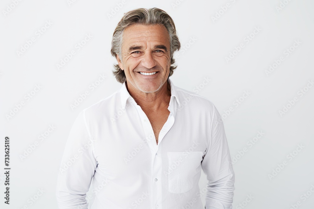 Portrait of handsome mature man with grey hair, smiling and looking at camera while standing against gray background Portrait of handsome mature man with grey hair, smiling and looking at camera while standing against gray background
