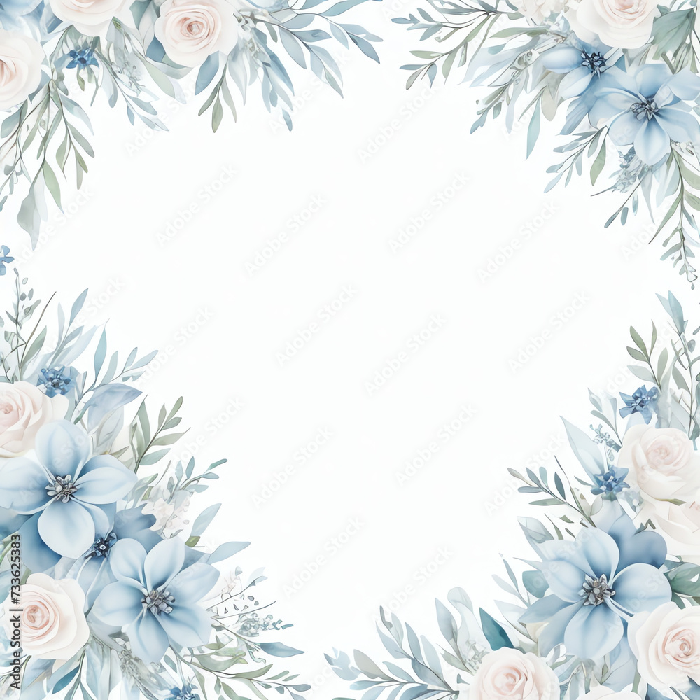 Dusty blue rose, white hydrangea, ranunculus, magnolia, eucalyptus, greenery, juniper, echeveria vector design banner. Wedding seasonal flowers. Floral watercolor composition. Isolated and editable