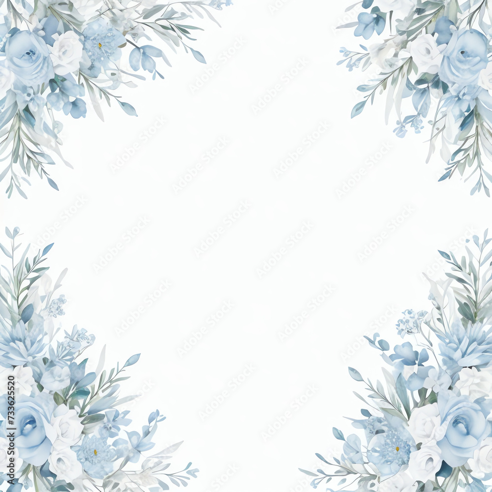 Dusty blue rose, white hydrangea, ranunculus, magnolia, eucalyptus, greenery, juniper, echeveria vector design banner. Wedding seasonal flowers. Floral watercolor composition. Isolated and editable