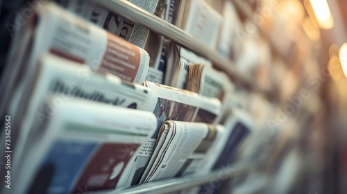 Newspapers, world news information concept, close-up, panoramic photo