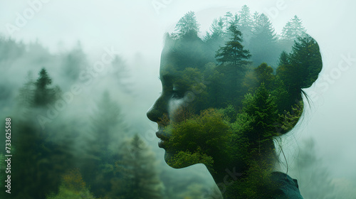 Double exposure of a woman head with forest landscape in the background