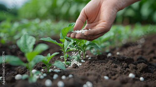 Hand giving synthetic fertilizers to accelerate plant growth
