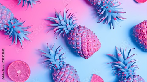 Neon pineapple fruits pattern on pink and blue background. Summer concept 