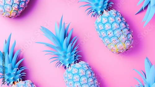 Neon pineapple fruits pattern on pink and blue background. Summer concept  photo