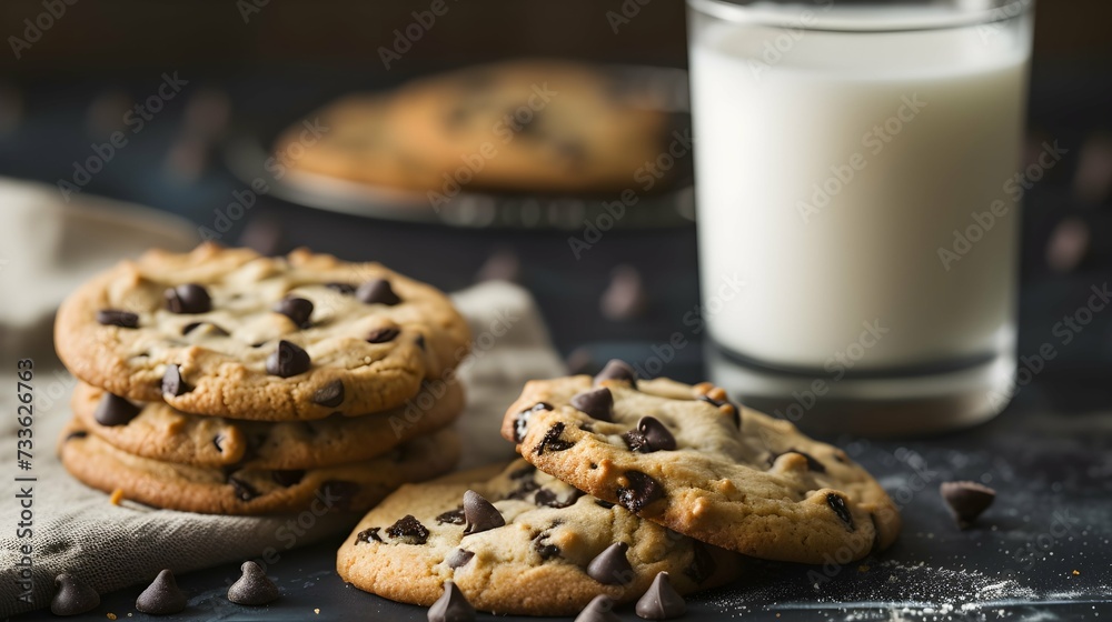 Mountain of cookies with chocolate chips and a glass of milk.