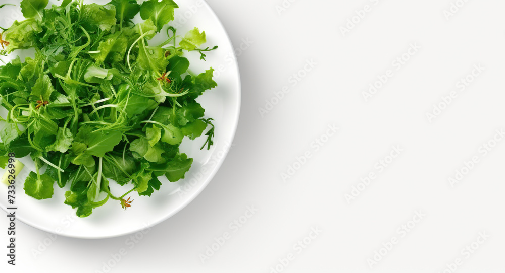 Green vegetables salad in a white plate. Top view. White background. Copy space. Green vegetables salad in a white plate. Top view. White background. Copy space.