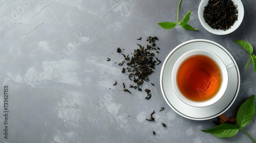 minimalistic design Aromatic pu-erh tea served on grey table, top view. Banner design with space for text