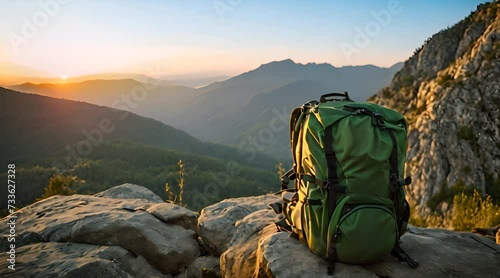 A spacious green backpack perched on a rock, offering a serene view of the mountain landscape bathed in the soft glow of sunrise photo
