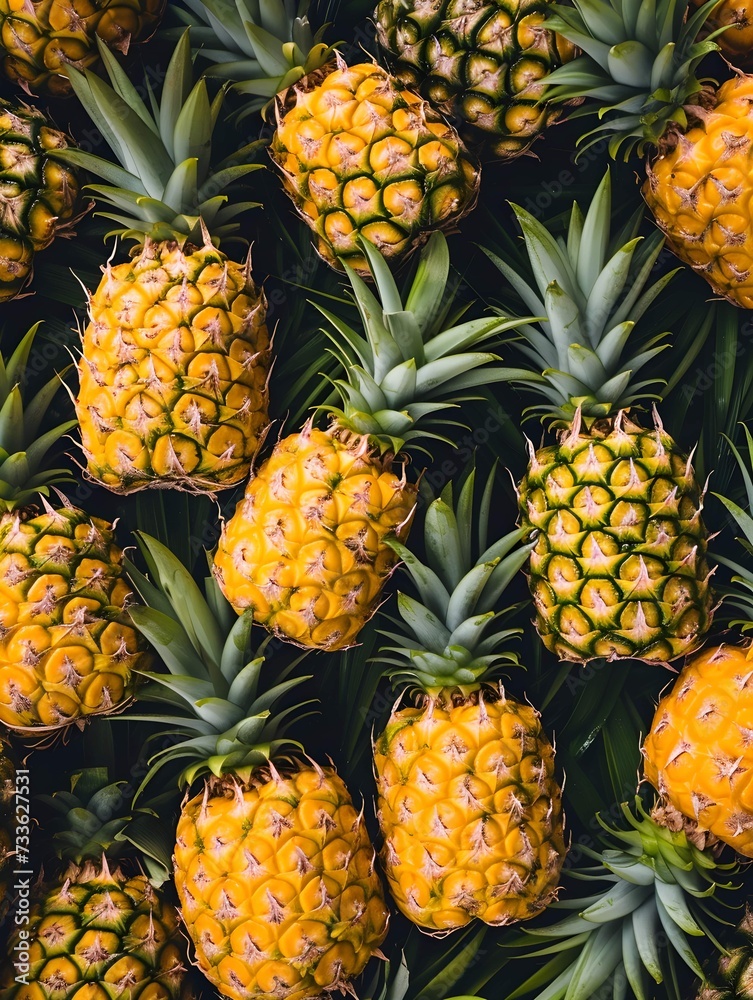 many fresh pineapples , flat lay, top view.