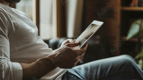 Man reading magazine on tablet. Copy space image. Place for adding text